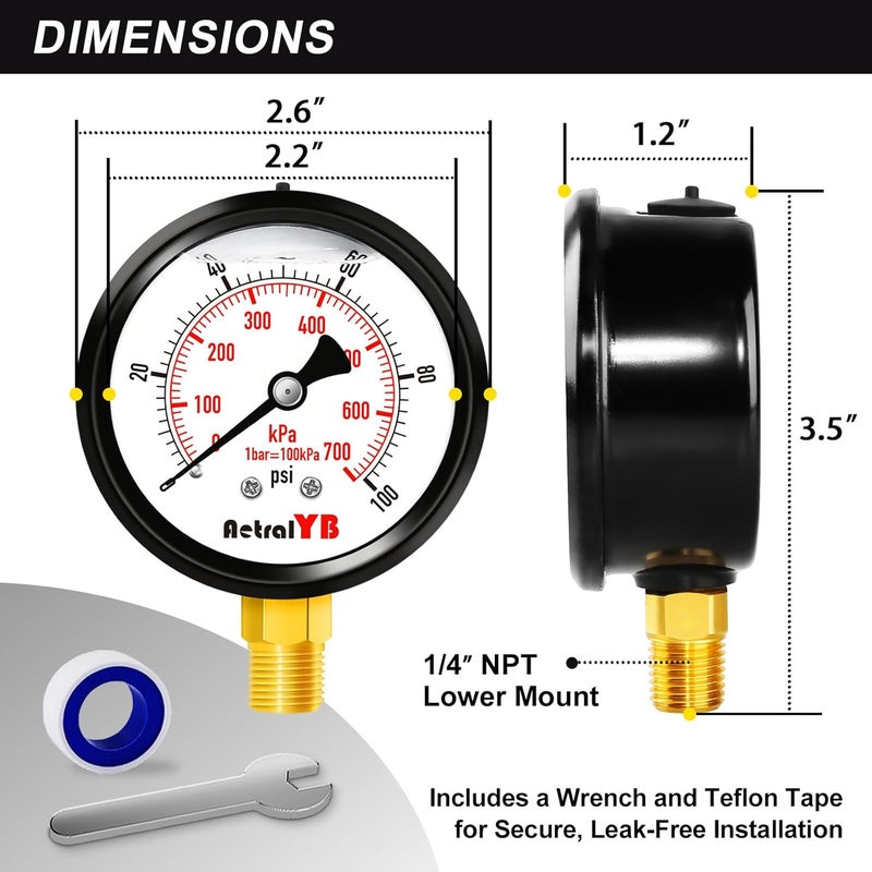 AetralYB 0-100 Psi 2.5 Inch Pressure Gauge Stainless Steel Case, Liquid Filled,1/4" NPT Lower Mount, IP67 Waterproof, for Water Pump, Pneumatic Air, Well, RV Hose, Tank, Gas - Image 5